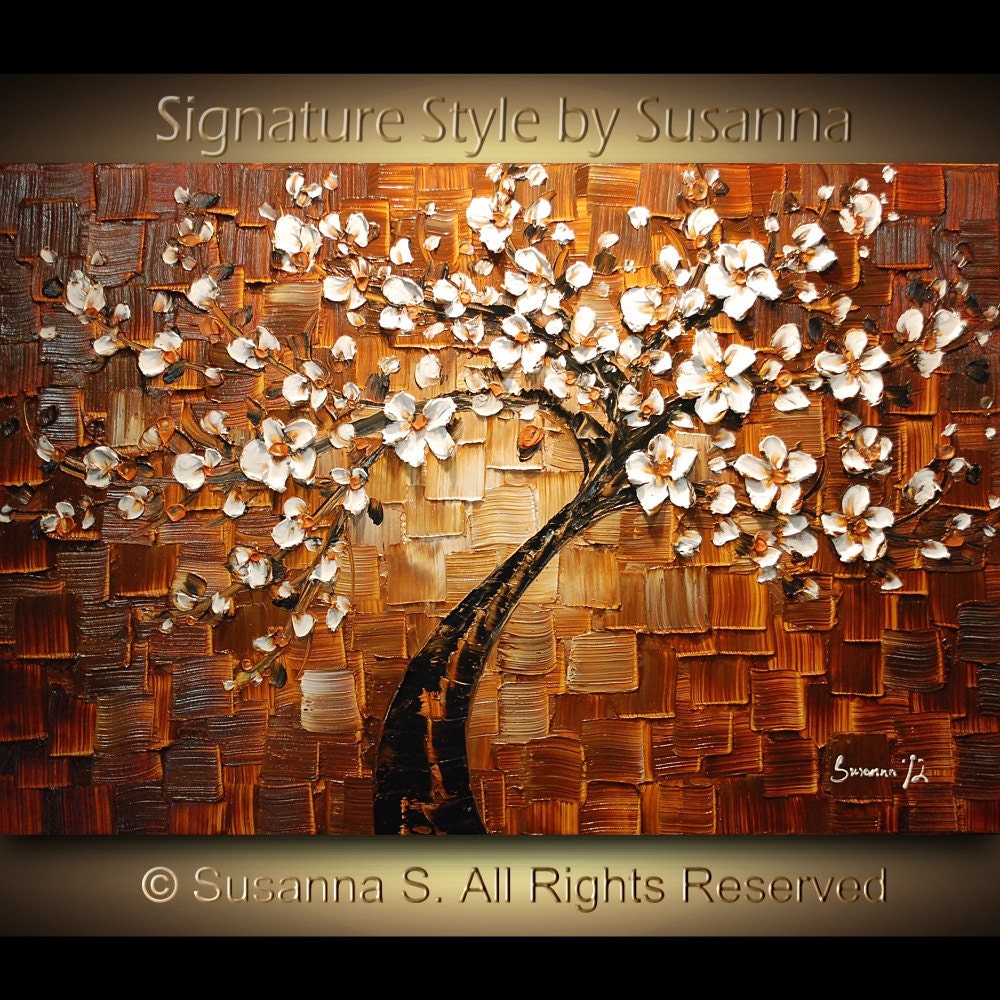 ORIGINAL Abstract Tree Brown White Cherry Blossom Impasto Landscape Textured Modern Palette Knife Oil Painting Ready to Hang 36x24