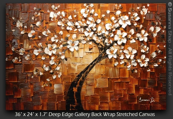 ORIGINAL Abstract Tree Brown White Cherry Blossom Impasto Landscape Textured Modern Palette Knife Oil Painting Ready to Hang 36x24