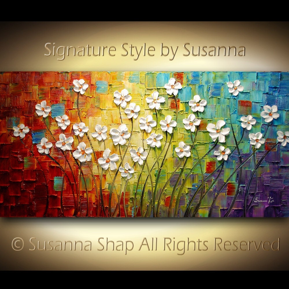 ORIGINAL Large Abstract Contemporary White Flowers Landscape Heavy Texured Modern Multicolored Painting  by Susanna Ready to Hang 48x24