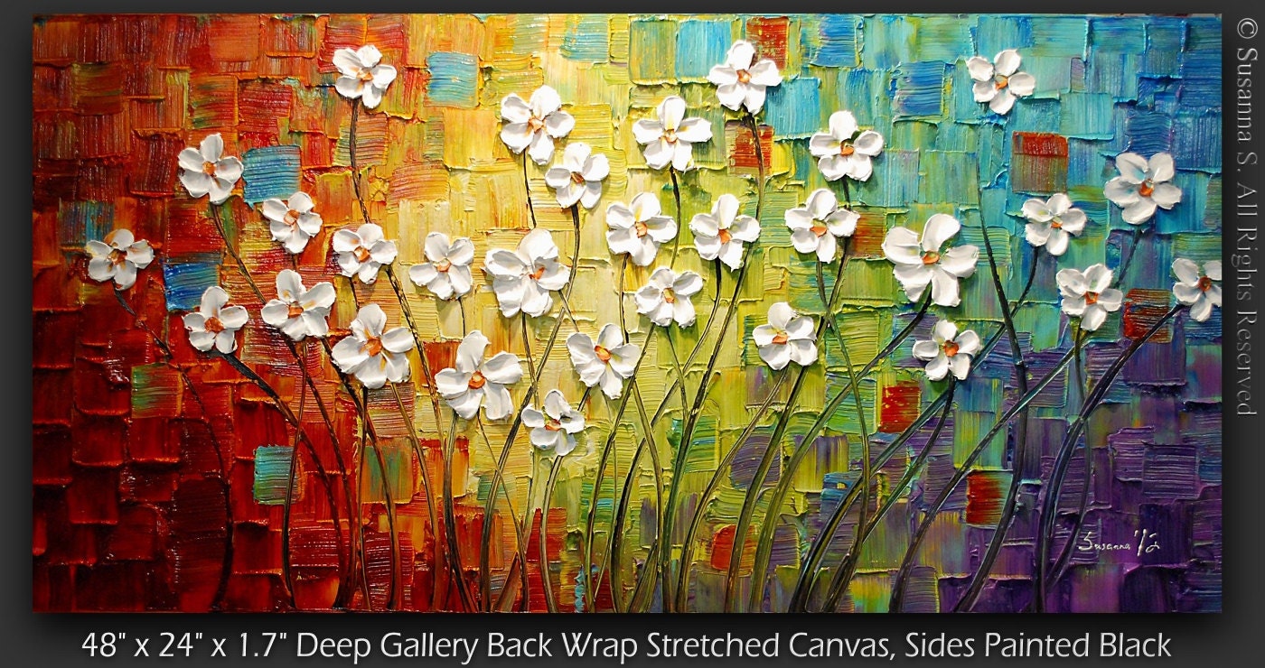 ORIGINAL Large Abstract Contemporary White Flowers Landscape Heavy Texured Modern Multicolored Painting  by Susanna Ready to Hang 48x24