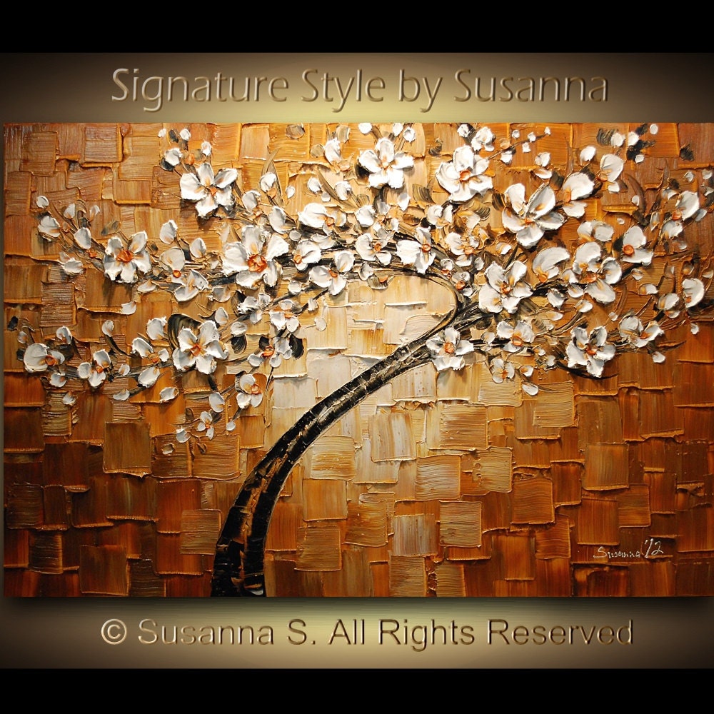 ORIGINAL Abstract Tree Brown White Cherry Blossom Impasto Landscape Textured Modern Palette Knife Oil Painting Ready to Hang 36x24