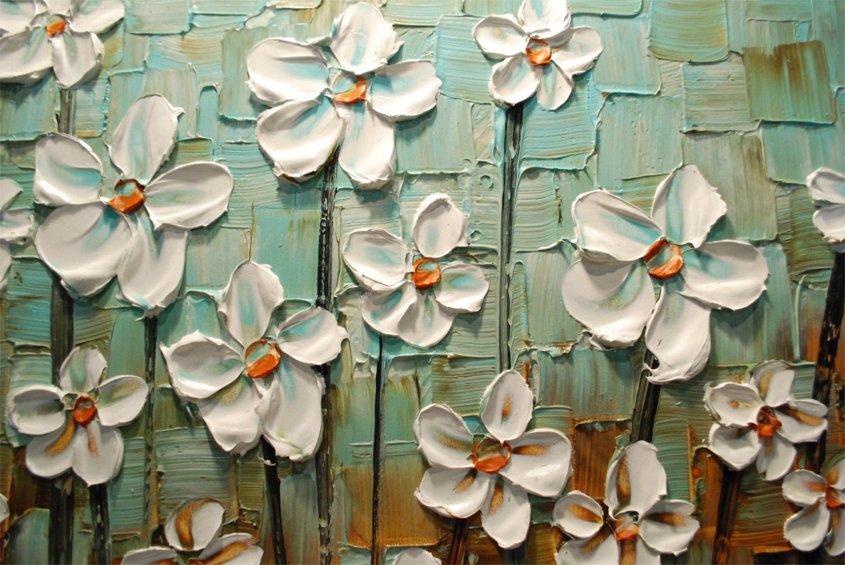 ORIGINAL Large Abstract Contemporary Textured White Flowers Landscape Painting Modern Palette Knife by Susanna Ready to Hang 48x24