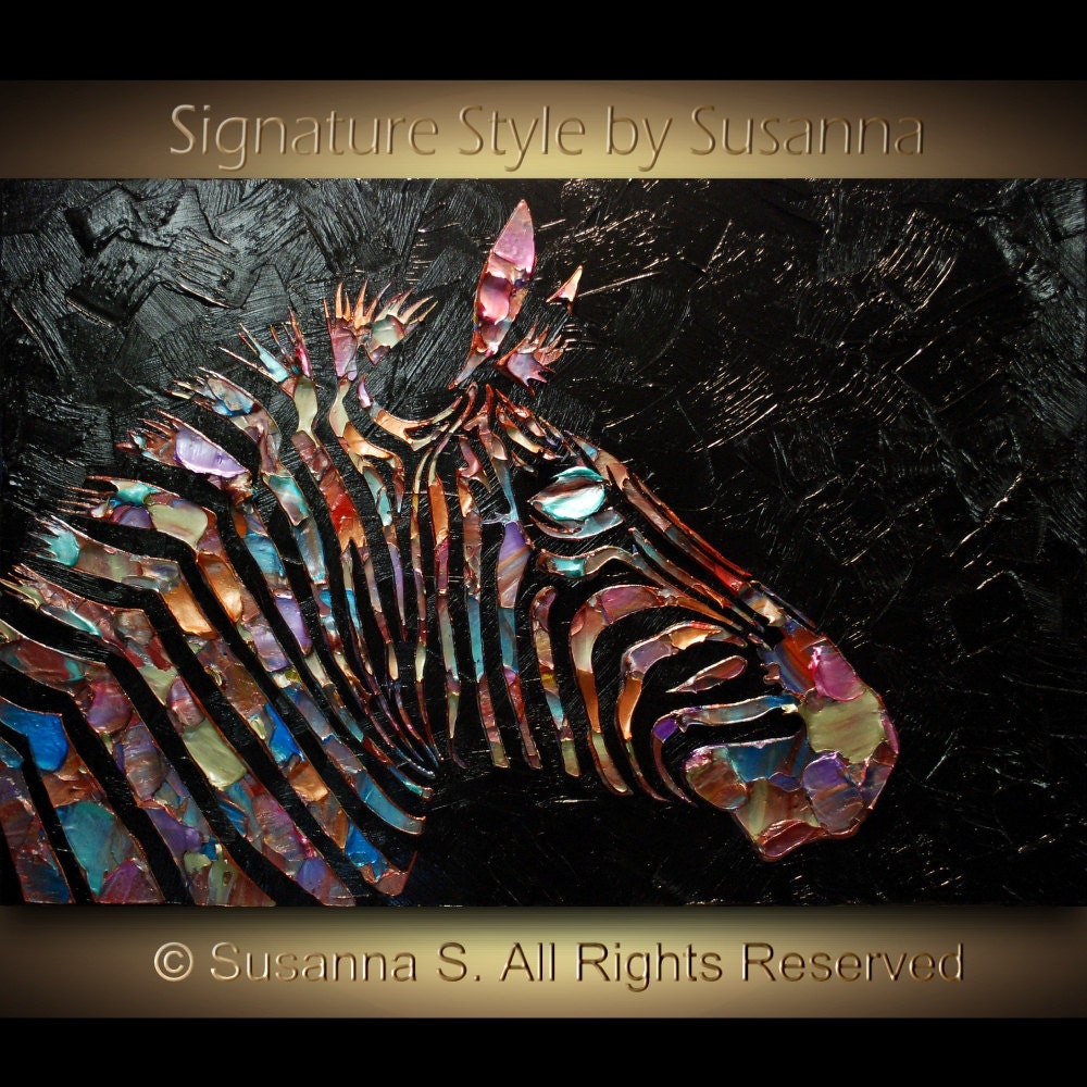 Original Zebra Painting Large abstract contemporary metallic multicolor black palette knife impasto fine art by Susanna 36x24