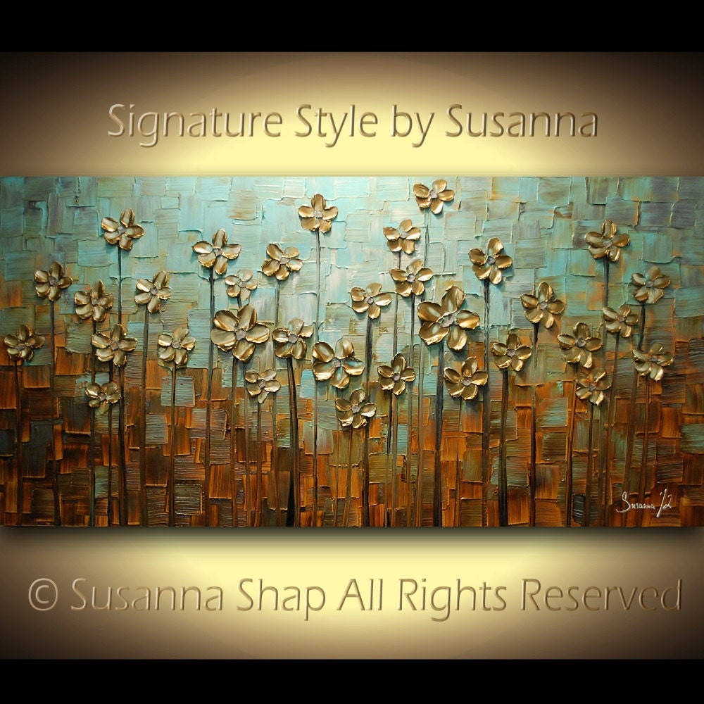 ORIGINAL Large Abstract Contemporary Textured Gold Daisy Flowers Landscape Painting Modern Palette Knife by Susanna Ready to Hang 48x24