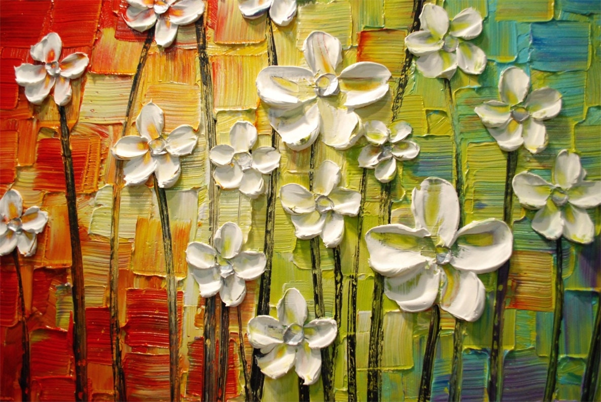 ORIGINAL Large Abstract Contemporary White Flowers Landscape Heavy Texured Modern Multicolored Painting by Susanna Ready to Hang 48x24