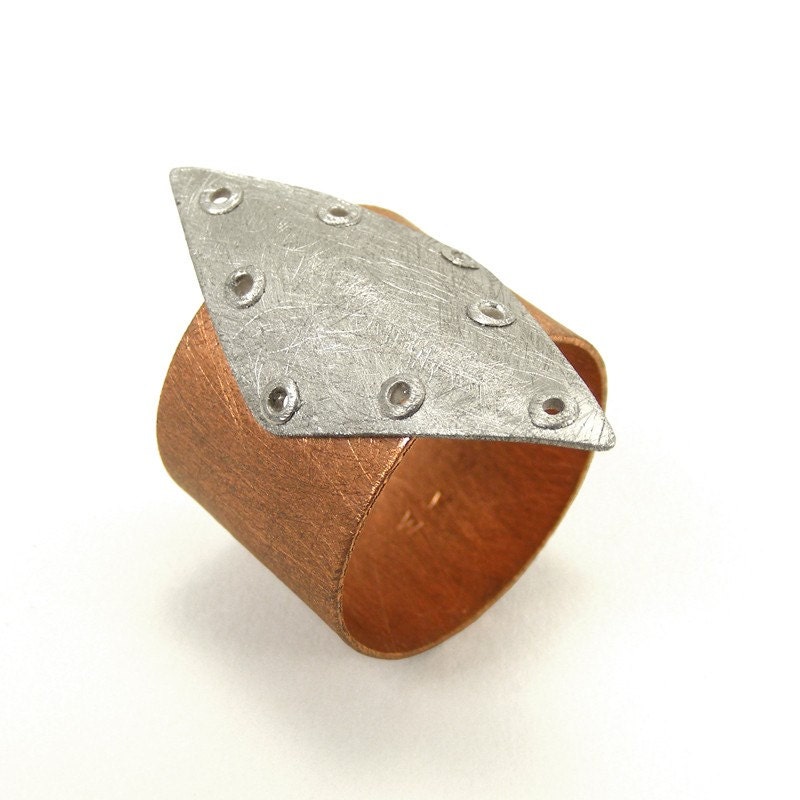 Sterling Silver and Copper Riveted Wide Band Ring Shield Series - Imperative