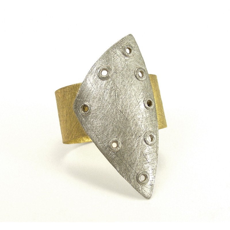 Sterling Silver and Brass Riveted Wide Band Ring Shield Series - Invigorate