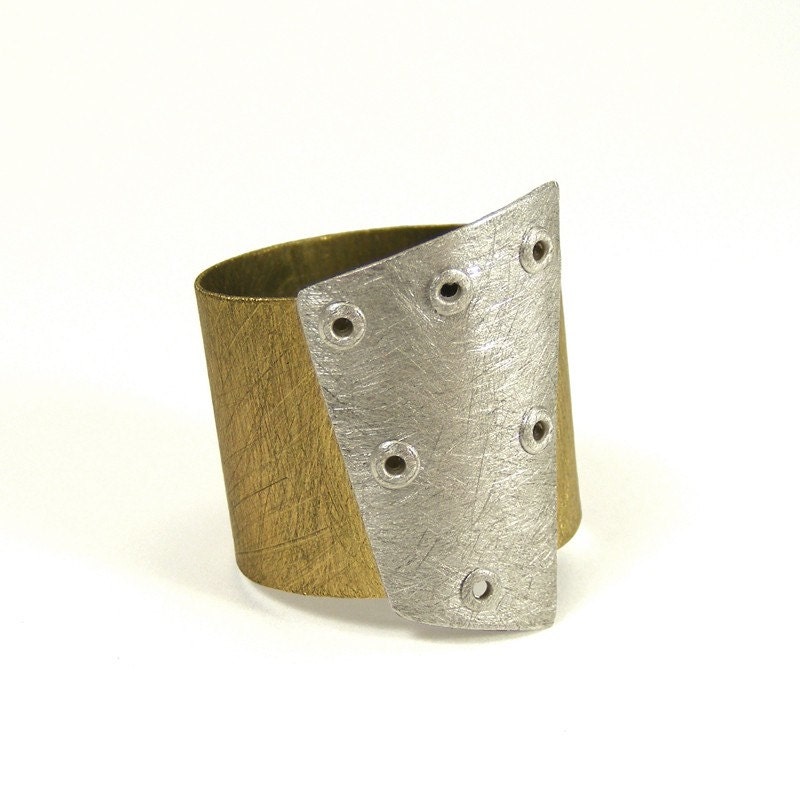 Sterling Silver and Brass Riveted Wide Band Ring Shield Series - Influence
