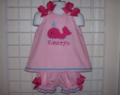 Pink Gingham Whale Applique Monogram A-line Top with Bloomers Set 3 mo 6 mo 9 mo 12 mo 18 mo 24 mo 2T 3T 4T 5T