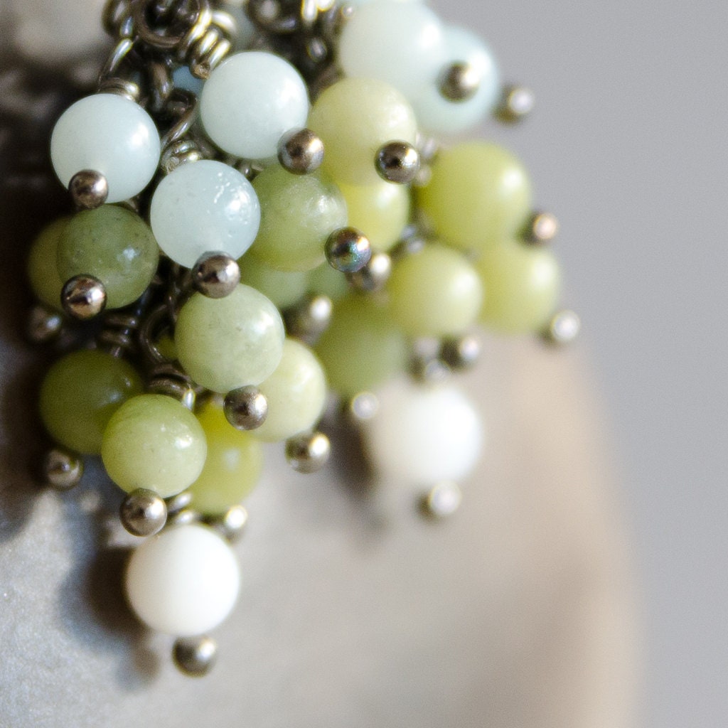 Sweet Spring - Tri-colored Signature Cluster Earrings - Amazonite, Green Serpentine and Mother of Pearl