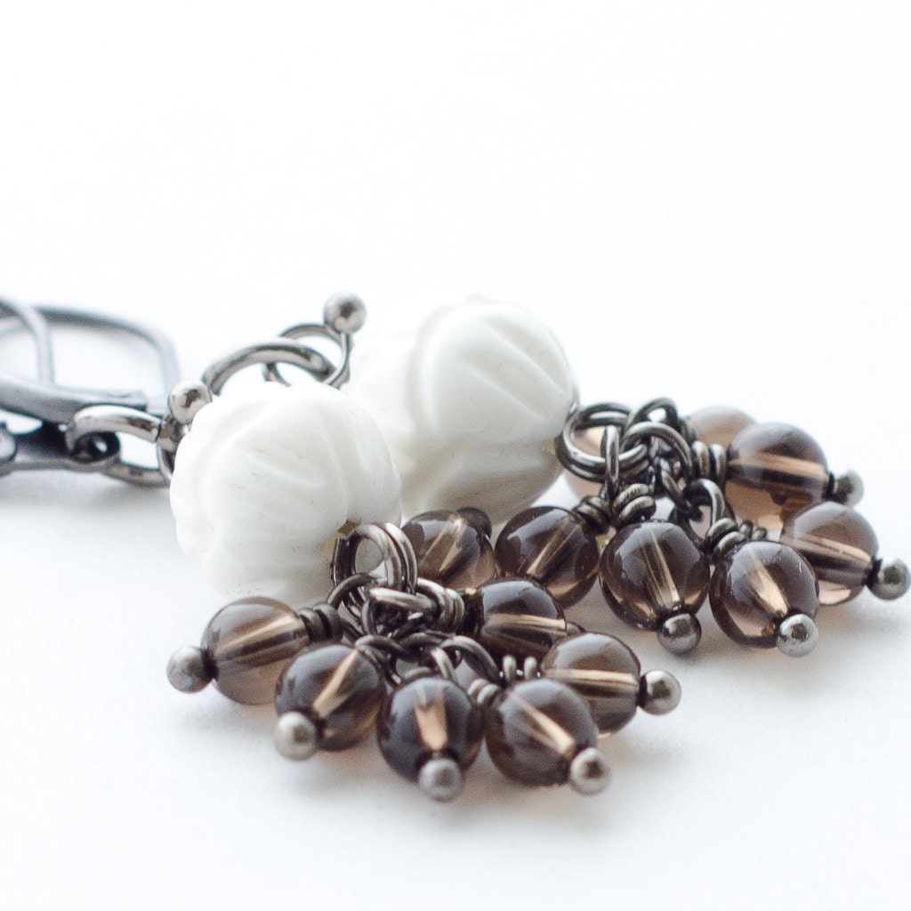 Summer Lotus - Cluster Earrings - Carved Shell and Smoky Quartz