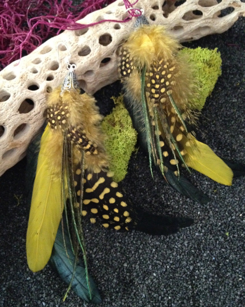 Yellow and Black Feather Earrings