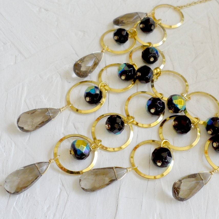 Iridescent Black Glass Cluster Gold Bib Necklace