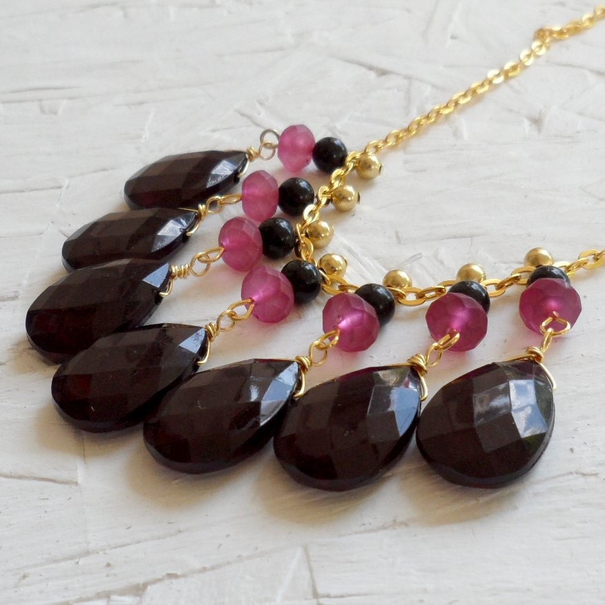 SALE - Black Fuchsia Gold Bib Necklace