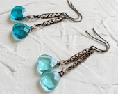 2 Pair Special - Teal And Sky Blue Swarovski Antique Brass Earrings