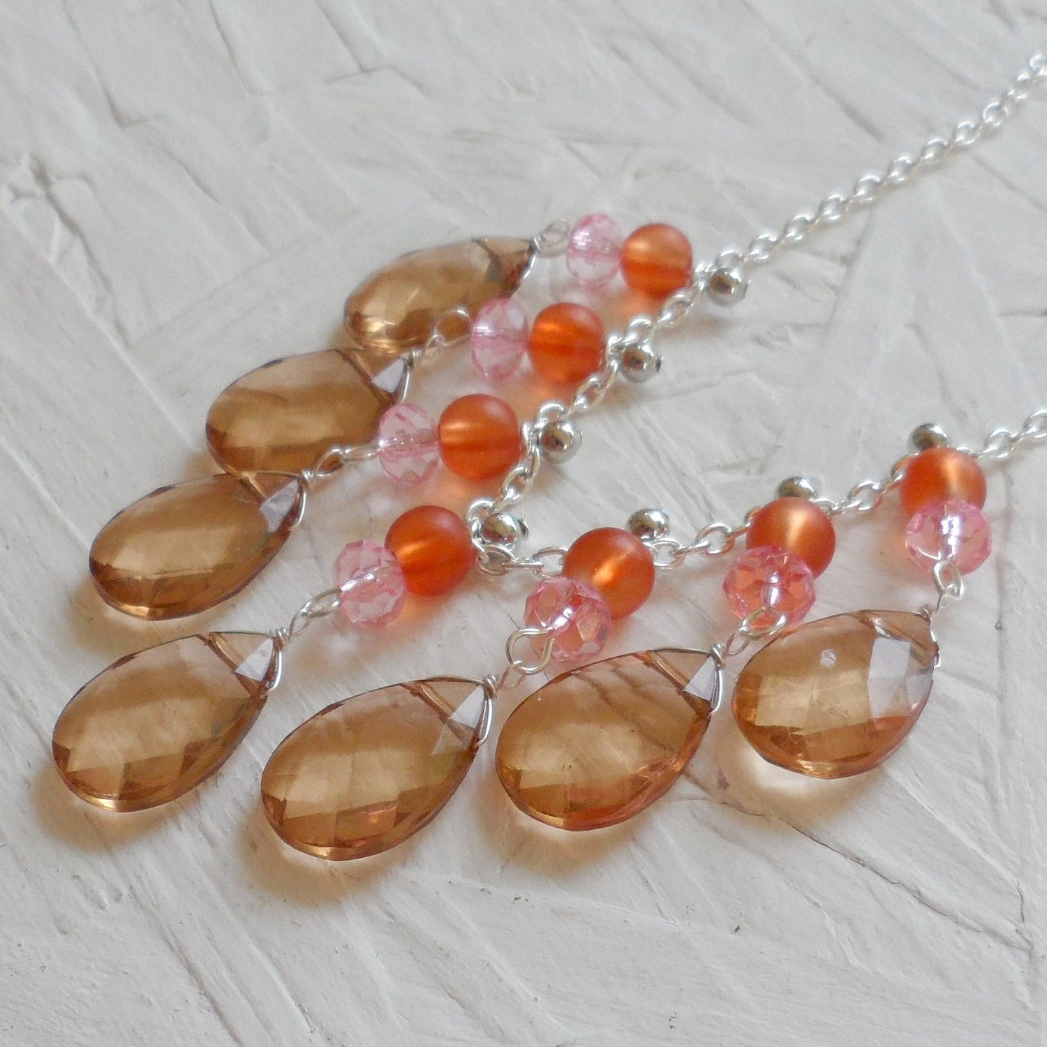 Pink Orange and Tan Silver Bib Necklace
