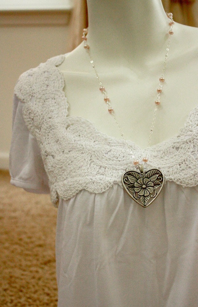 Silver Heart Pink Pearl Necklace