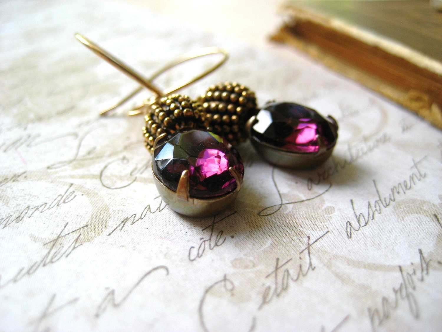 amethyst earrings vintage jewels wire wrapped with 14k gold filled wire and ornate gold beads womens jewelry