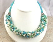 Blue Quartz, Freshwater Pearl, Bali Silver, Beaded Cluster Necklace - Carribean Dream