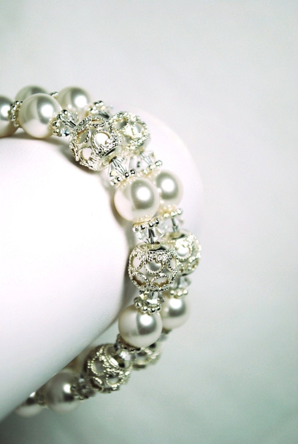 Filigree Bridal Bracelet, Filigree Bead Caps, White Swarovski Pearls, Swarovski Crystals, Double Strand, Sterling Silver, Wedding Bracelet