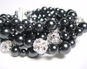 Bridal Bracelet, Black Pearl Swarovski, Rhinestone Balls, 5 Strands Elegant Wedding Jewelry, Thick Wedding Bracelet, Bridesmaids Jewelry,