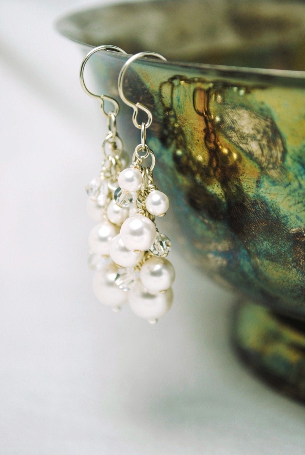 Bridal Earrings, White Pearl Crystal Cluster Earrings, Dangle Bridal Jewelry, Wedding Jewelry, Amber E240