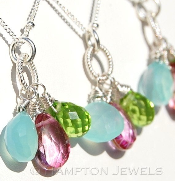 Bridesmaid Necklace, Aqua, Pink, Green, Sterling Silver, Wire Wrapped Hibiscus Flower, Gemstones