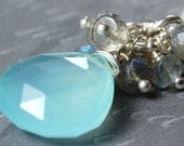 Aqua Chalcedony Grey Labradorite Necklace Sterling Silver Wire Wrapped, Nantucket Fog