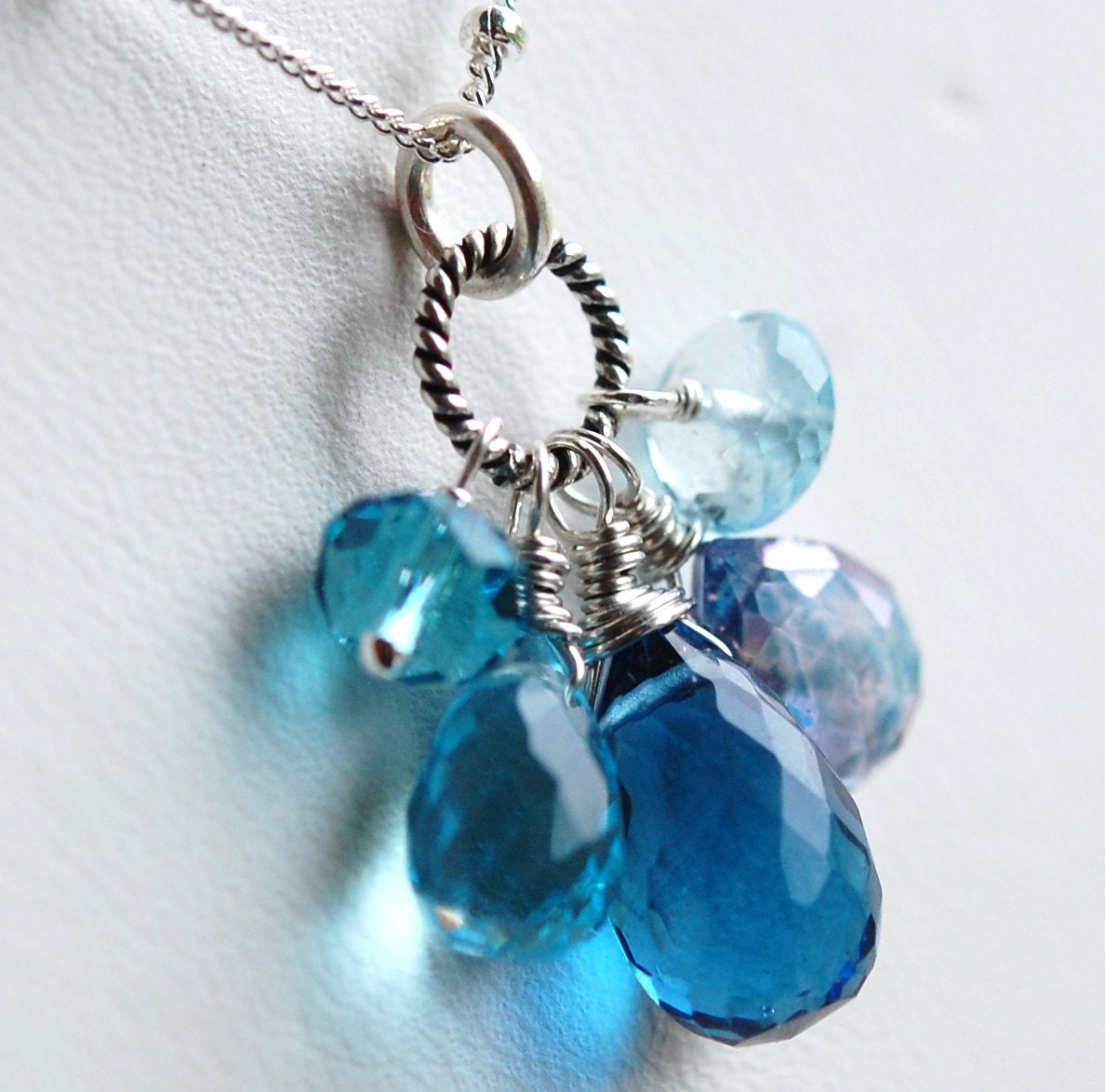 Cluster Necklace, Blue Topaz, Quartz, Sterling Silver, Wire Wrapped, St. Thomas Honeymoon Something Blue