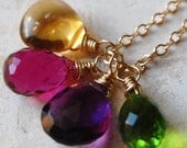READY TO SHIP, Jewel Tone Cluster Necklace, Citrine, Amethyst, Peridot, Ruby Quartz on 14K Gold Fill, Wire Wrap Gemstone Briolettes