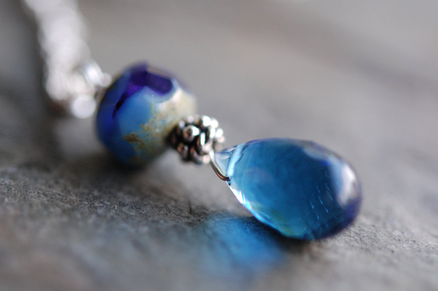 Blue Sapphire Quartz and Czech Glass Bead Necklace, Wire Wrapped in Sterling Silver, Bali Accent, September Sea