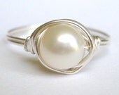 CLASSIC medium white freshwater pearl sterling silver wire wrap wrapped ring