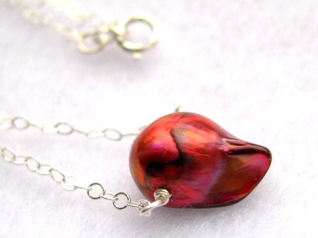 PASSIONATE PULSE fire red freshwater pearl sterling silver skinny chain necklace choker Valentine