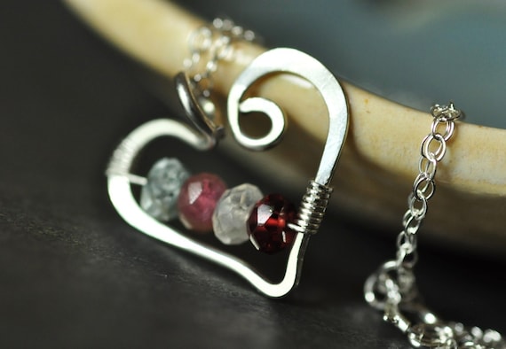 custom mothers family birthstone necklace Open Heart (small) sterling silver - 4 stones