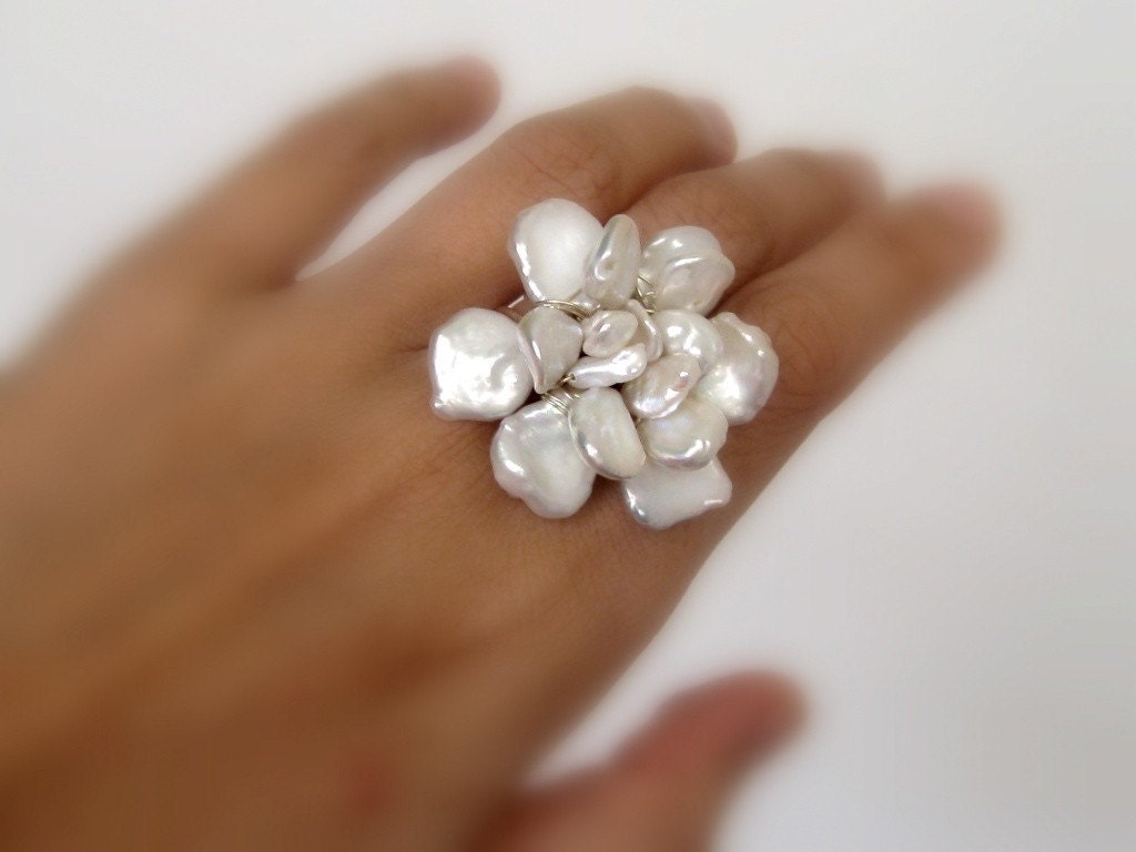 GARDENIA BLOSSOM huge sterling silver and keishi pearl wire wrapped flower cocktail ring--adjustable band