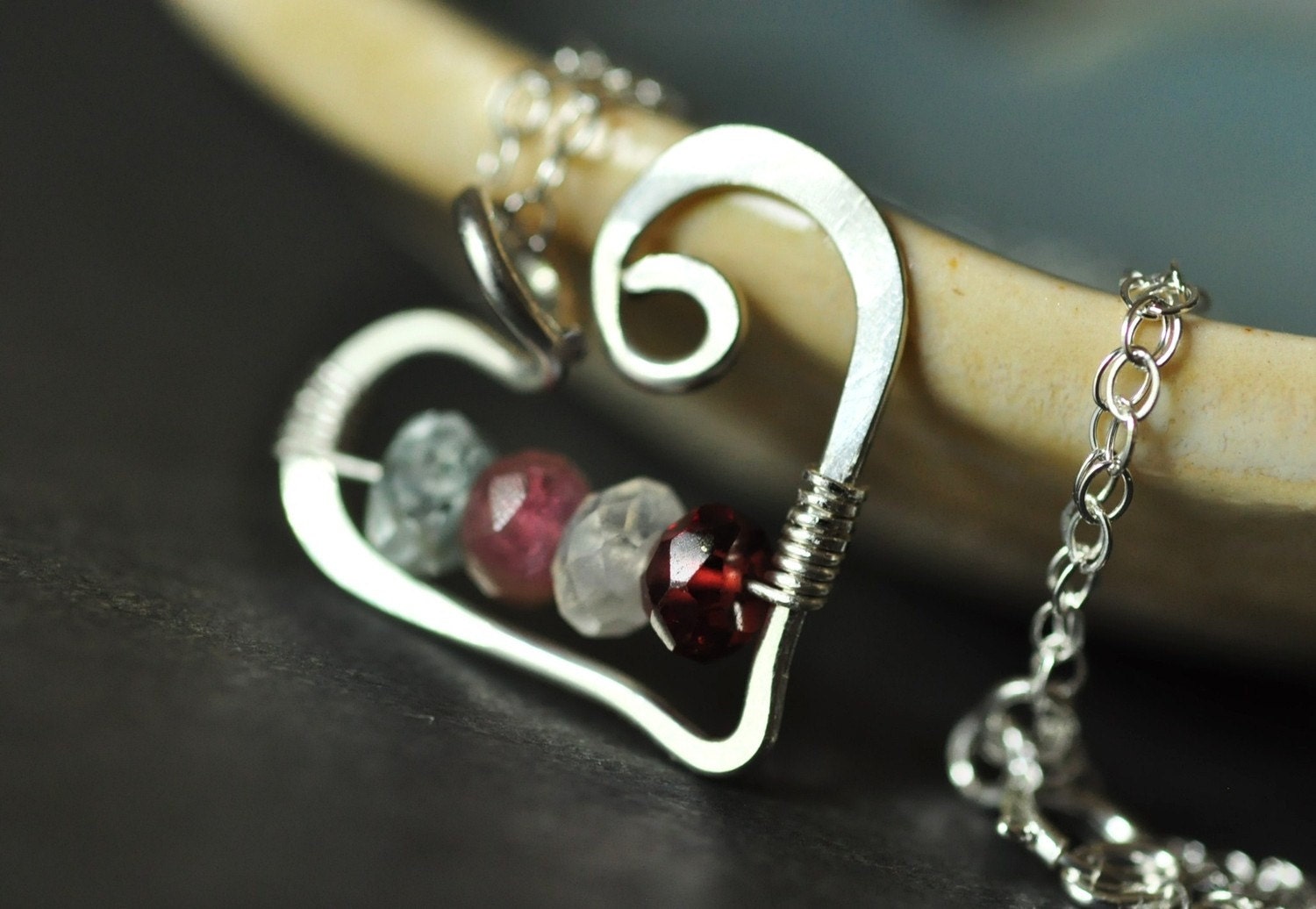 custom mothers family birthstone necklace Open Heart (small) sterling silver - 4 stones