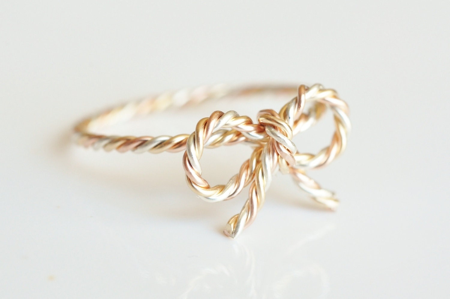 TINY BOW rope ring - mixed metal twisted wire wrap