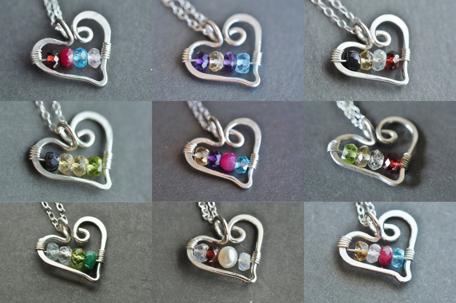 custom mothers family birthstone necklace Open Heart (small) sterling silver - 4 stones