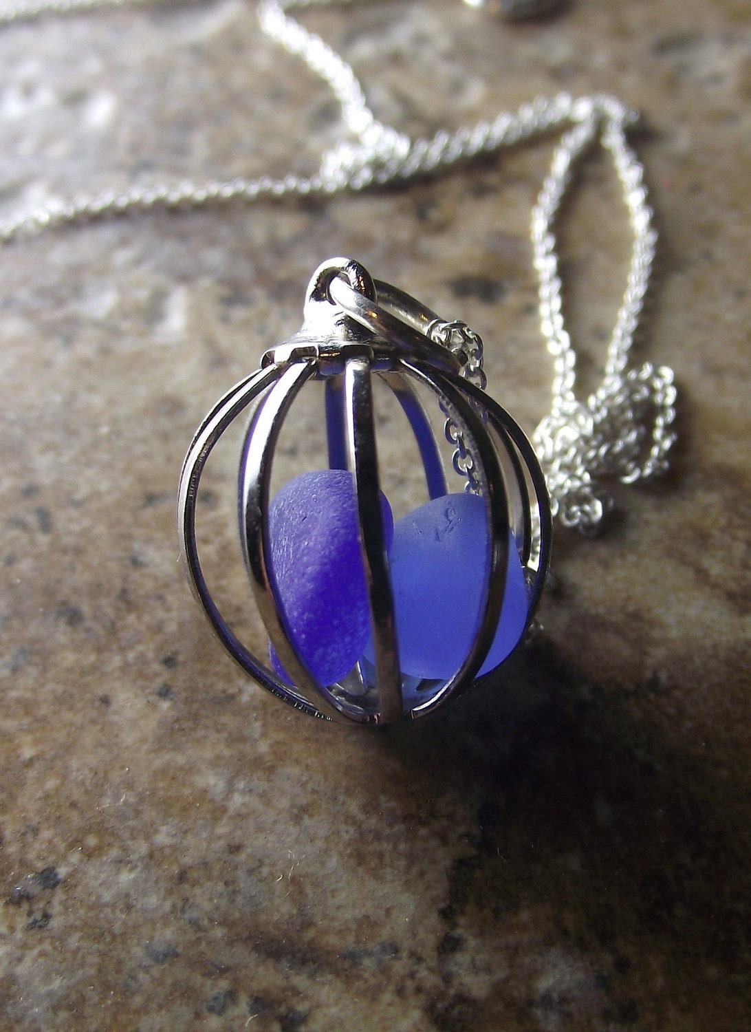 Sea Glass Necklace - Love Birds ---- Cage Locket Jewelry