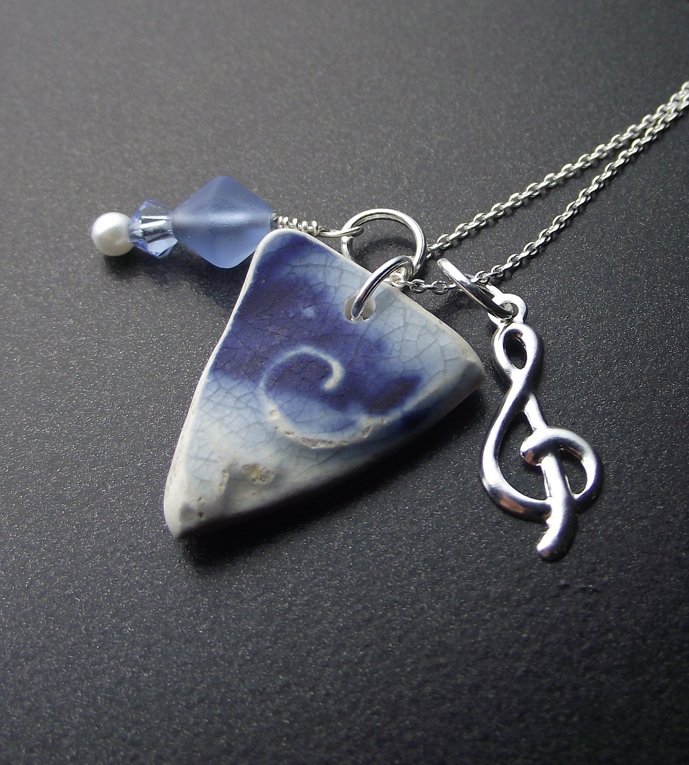 Sea Glass Jewelry - Shipwreck Pottery Cluster Necklace - BLUE SUEDE SHOES
