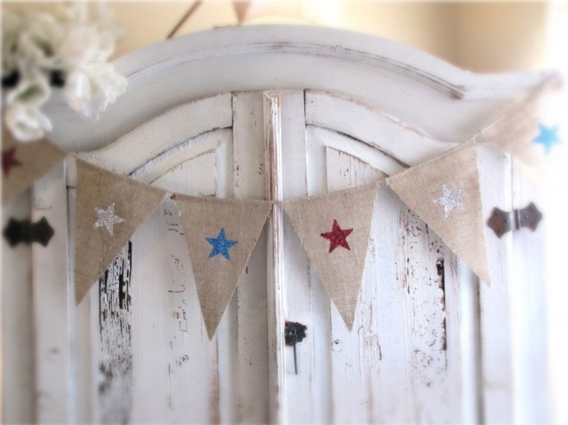 SALE...Stars Glittered Burlap Banner July 4th, independance day, veterans day, memorial day