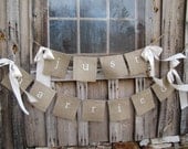 JUST MARRIED Lowercase White Glittered Burlap Banner with Ribbon Bows - funkyshique