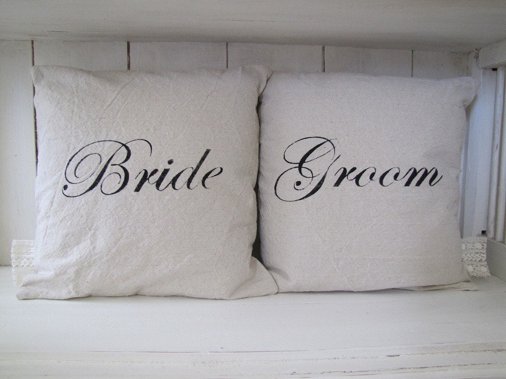 Bride and Groom French Feedsack Style Pillow Covers....Pair