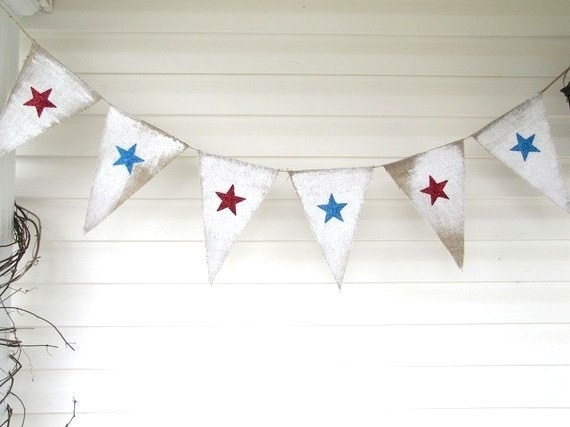 SALE...Stars Glittered Burlap Banner July 4th, independance day, veterans day, memorial day