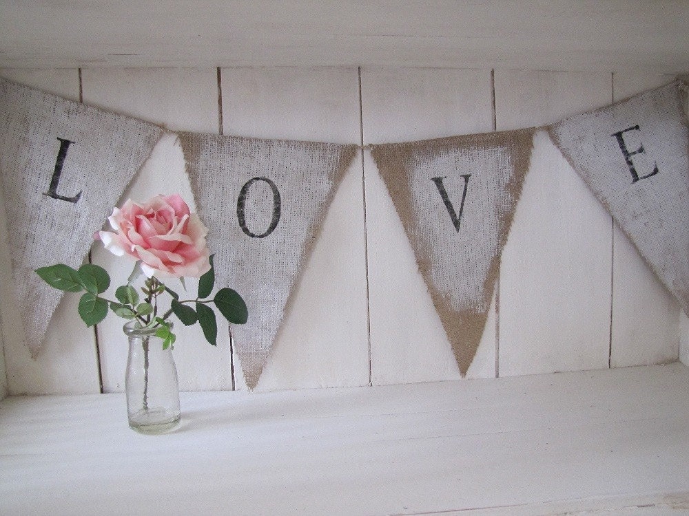 LOVE hand painted Burlap Banner Pennant Bunting