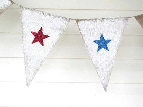 SALE...Stars Glittered Burlap Banner July 4th, independance day, veterans day, memorial day