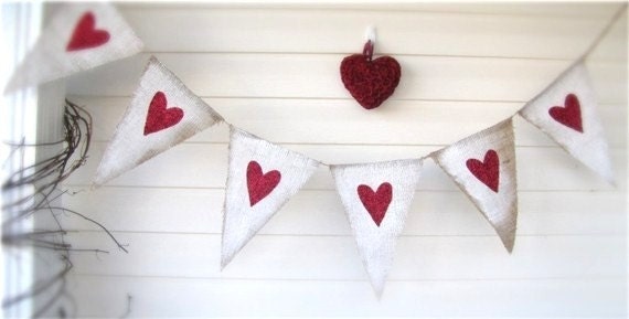 Ready to ship..White Painted Burlap with Red Glitter Hearts...Wedding Photo Prop