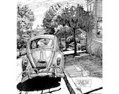 Frisco Bug (yeah, I said Frisco)-- signed print of a pen/ink of vintage VW Bug on a hill in San Francisco. The classic Volkswagen Beetle.