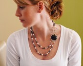 Labradorite and Freshwater pearl Sterling Silver Double Necklace Wire wrapped and sculpted - Blue white peacock pewter black