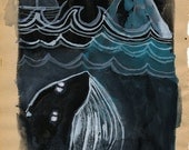 SALE EOFY Whale Iceberg / Original Sea Scape Illustration on French Book Page